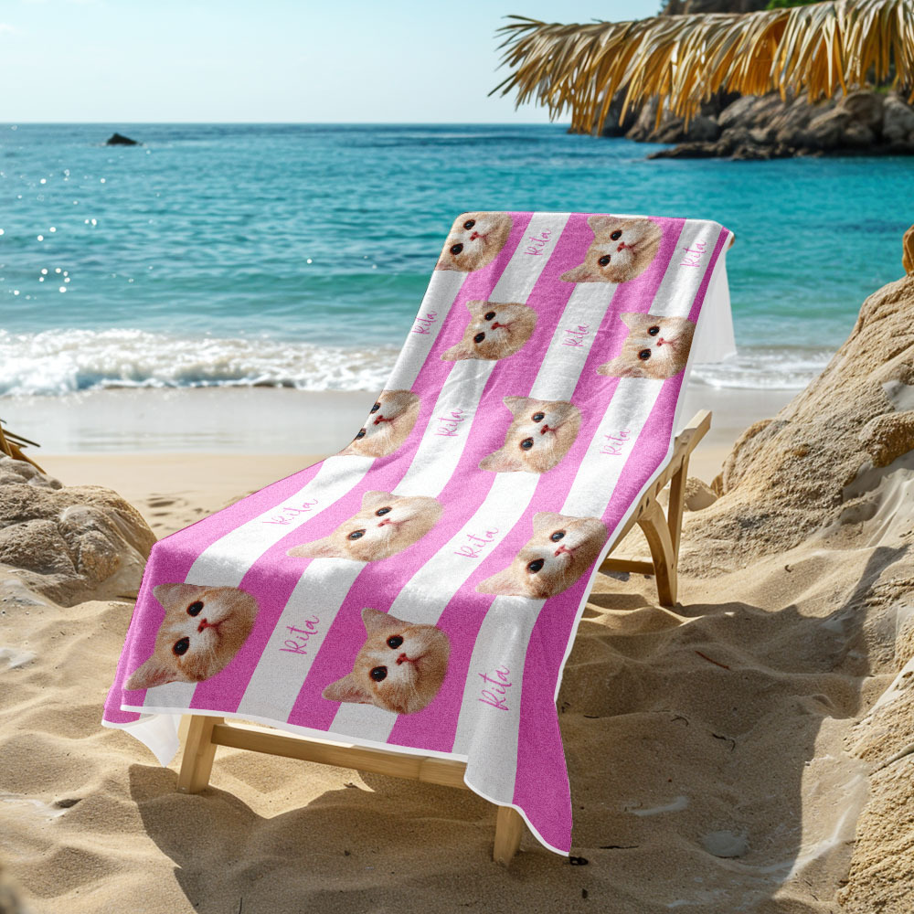 Benutzerdefinierte Haustier Foto Strand Handtuch Streifen Strand Handtuch Geschenk Sommer Urlaub - dephotoblanket