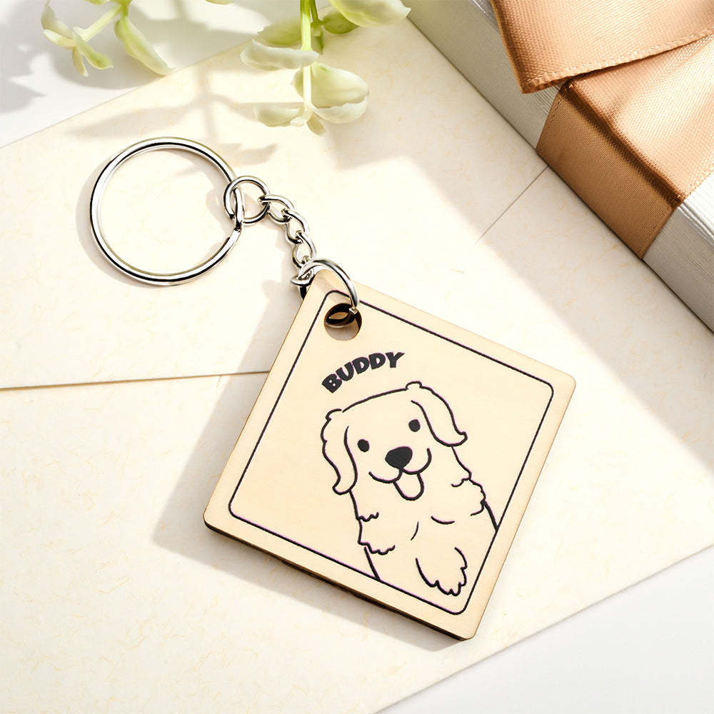 Benutzerdefiniertes Cartoon-haustierfoto Und Name, Personalisiertes Schlüsselanhänger-geschenk Aus Holz Für Haustierliebhaber - dephotoblanket