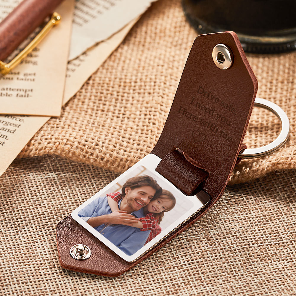 Geschenke für Papa Personalisierter Leder-Fototext-Schlüsselanhänger Drive Safe zum Vatertag