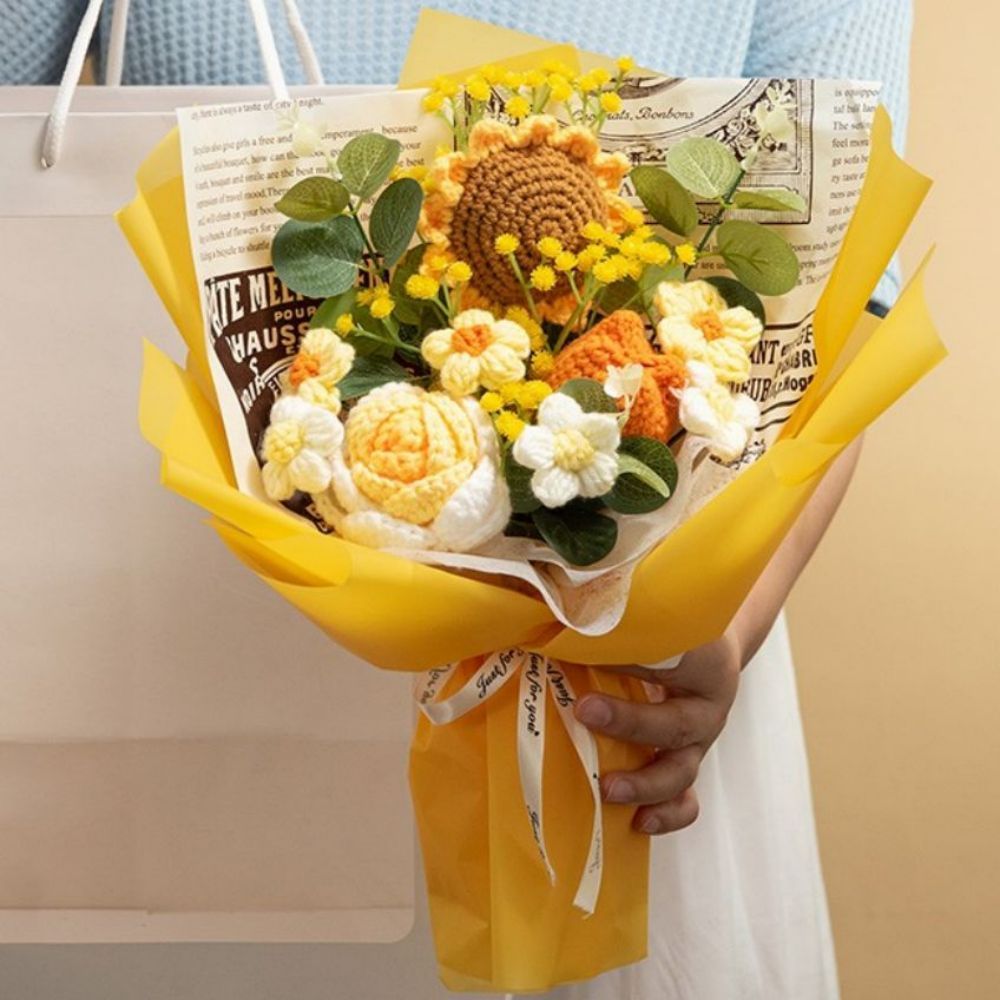 Gehäkelter Blumenstrauß Handgemachter Gestrickter Sonnenblumenstrauß Geschenk Für Sie - dephotoblanket