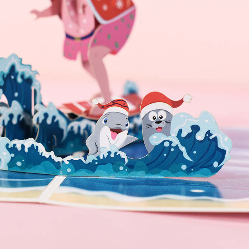 Surfende Weihnachtsmann 3d Pop-up-karte Grußkarte - dephotoblanket