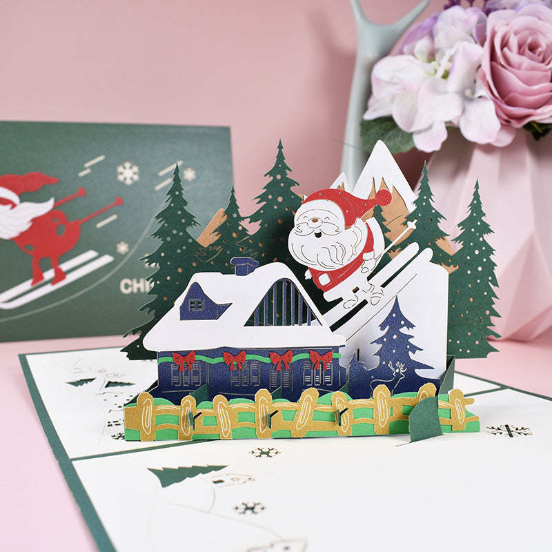 Santa Skier 3d Pop-up-karte Grußkarte - dephotoblanket