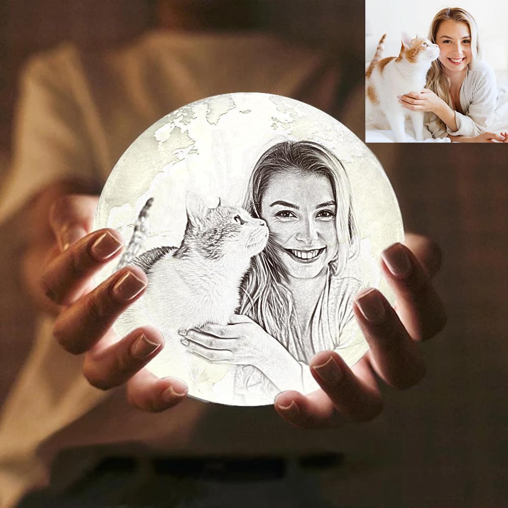 Magic Lunar Personalisierte Haustier-erdlampe Mit Text, Gravierte Schöne Katzenfotolampe – Berühren Sie Zwei Farben (10–15 Cm) - dephotoblanket