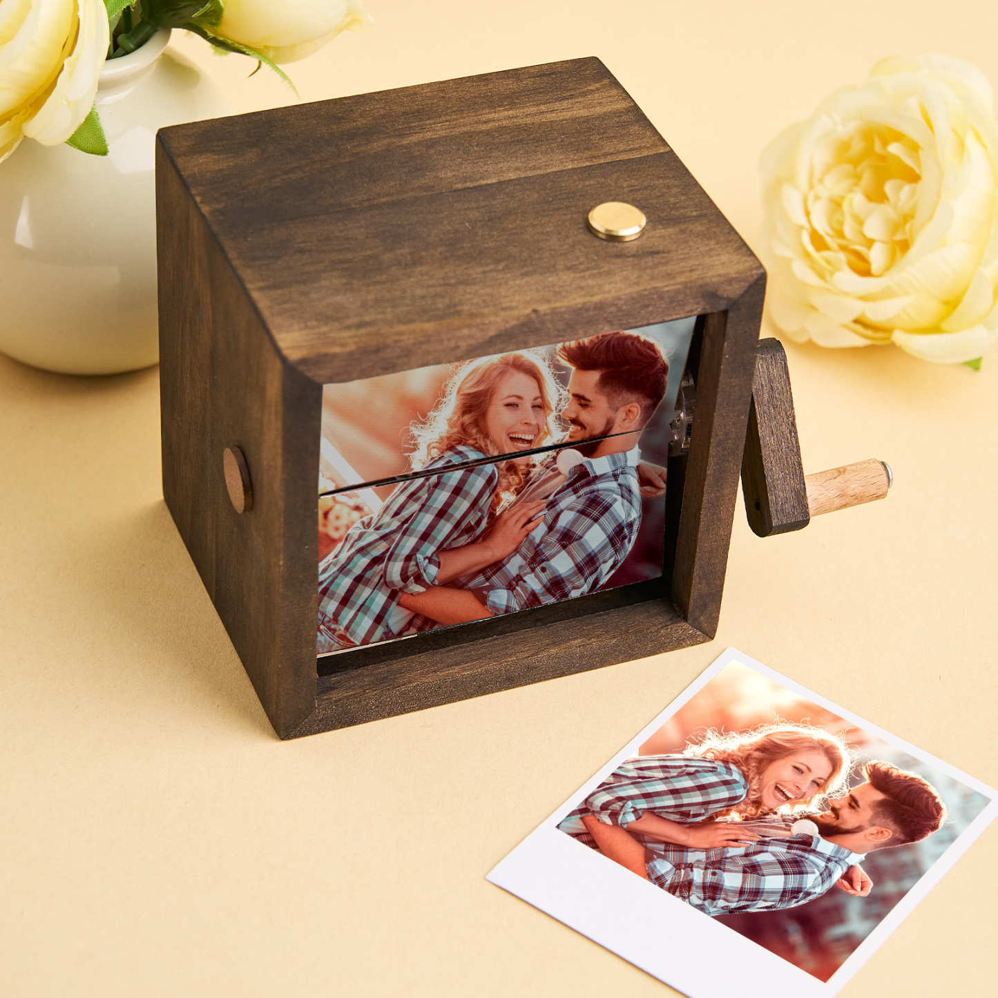 Benutzerdefiniertes Flip-book-rahmen-animationsgerät, Mechanisches Handgekurbeltes Fotoalbum Mit Hellschwarzem Walnuss-baby-fotowürfelrahmen, Kreatives Geschenk