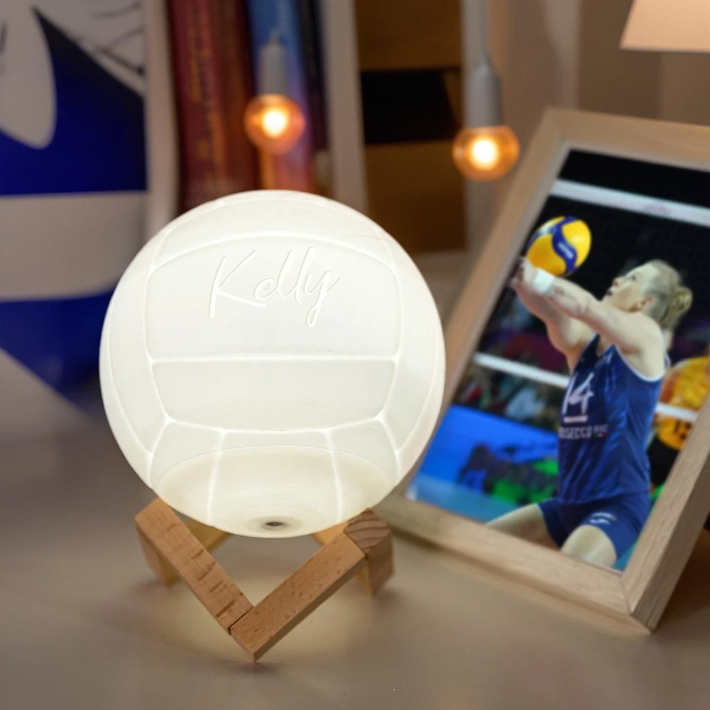 Personalisiertes Namens-3d-volleyball-nachtlicht Mit Fernbedienung, Tischleuchte Mit Holzsockel, Sportdekoration Für Zimmer, Geschenk Für Volleyball-liebhaber/spieler - dephotoblanket