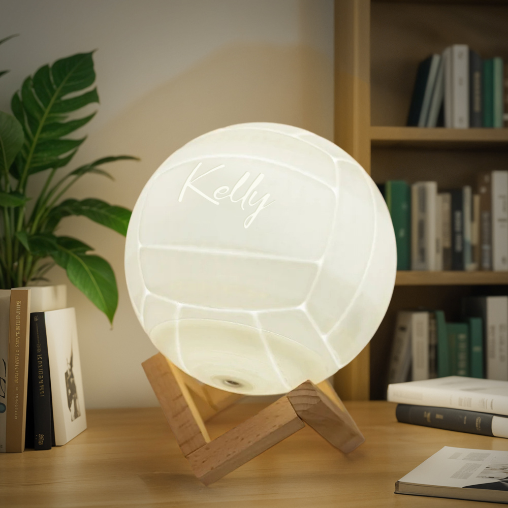 Personalisiertes Namens-3d-volleyball-nachtlicht Mit Fernbedienung, Tischleuchte Mit Holzsockel, Sportdekoration Für Zimmer, Geschenk Für Volleyball-liebhaber/spieler - dephotoblanket
