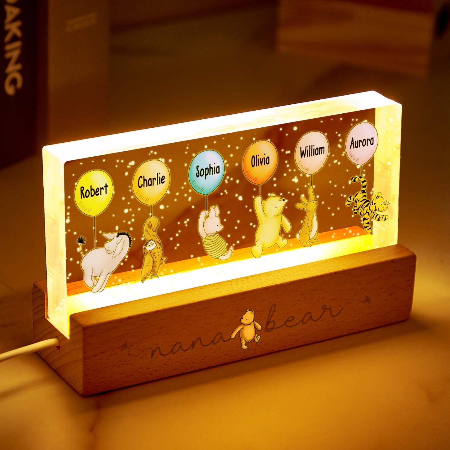 Omas Enkelkinder, Niedliche Charaktere Mit Luftballons, Personalisiertes Led-nachtlicht Aus Acrylblock - dephotoblanket