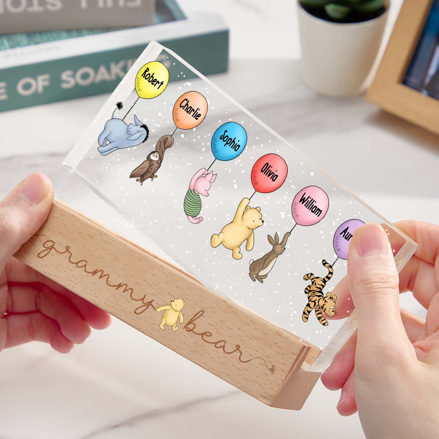 Omas Enkelkinder, Niedliche Charaktere Mit Luftballons, Personalisiertes Led-nachtlicht Aus Acrylblock - dephotoblanket