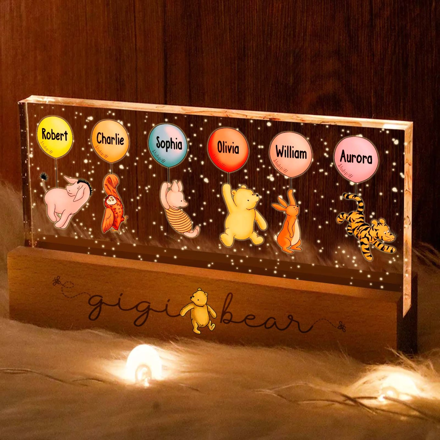 Omas Enkelkinder, Niedliche Charaktere Mit Luftballons, Personalisiertes Led-nachtlicht Aus Acrylblock - dephotoblanket