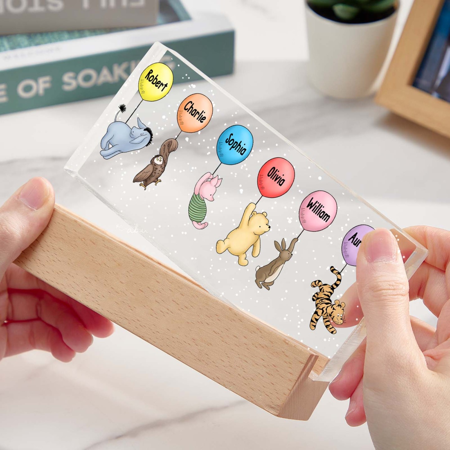 Omas Enkelkinder, Niedliche Charaktere Mit Luftballons, Personalisiertes Led-nachtlicht Aus Acrylblock - dephotoblanket