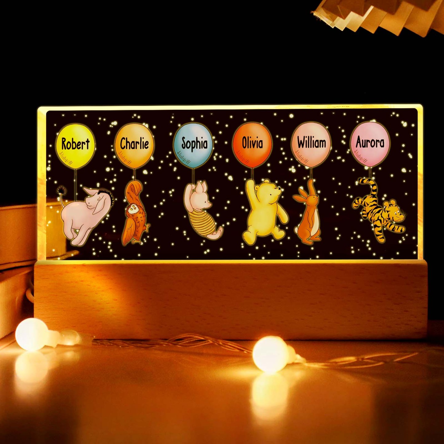 Omas Enkelkinder, Niedliche Charaktere Mit Luftballons, Personalisiertes Led-nachtlicht Aus Acrylblock - dephotoblanket