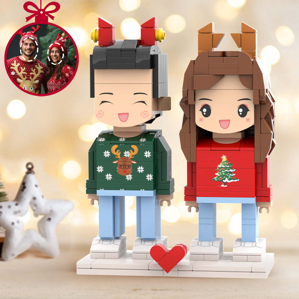 Benutzerdefinierter Kopf 2 Personen Niedliche Ziegelfiguren Personalisiertes Weihnachtspaar Ziegelfiguren Kleines Partikelblockspielzeug - dephotoblanket
