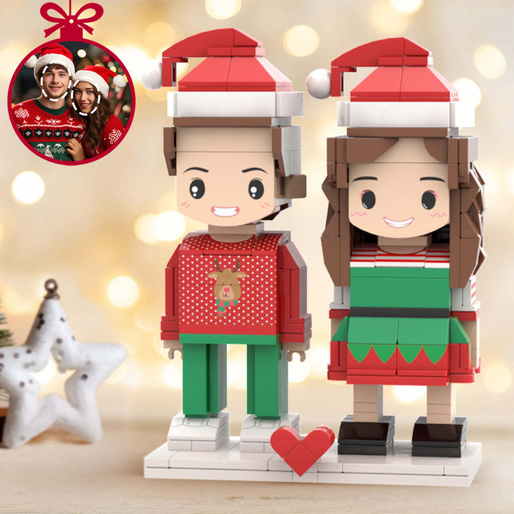 Benutzerdefinierter Kopf 2 Personen Niedliche Ziegelfiguren Personalisiertes Weihnachtselfenpaar Ziegelfiguren Kleines Partikelblockspielzeug - dephotoblanket