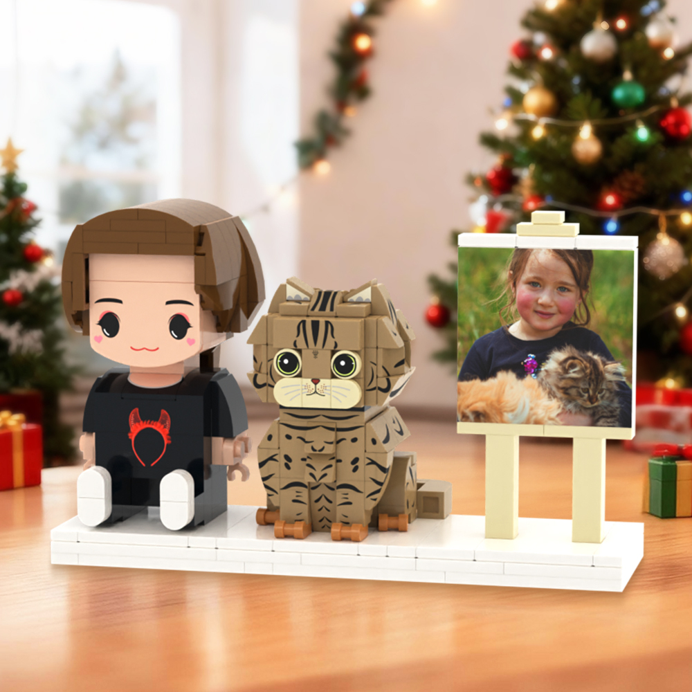 Individuell Gestaltbare Ganzkörper-spielfiguren Aus Bausteinen, Personalisierte Sitzende Spielfiguren Aus Bausteinen, Kinder Und Katze, Universelles Steckspielzeug Aus Kunststoff, Weihnachtsgeschenk - dephotoblanket