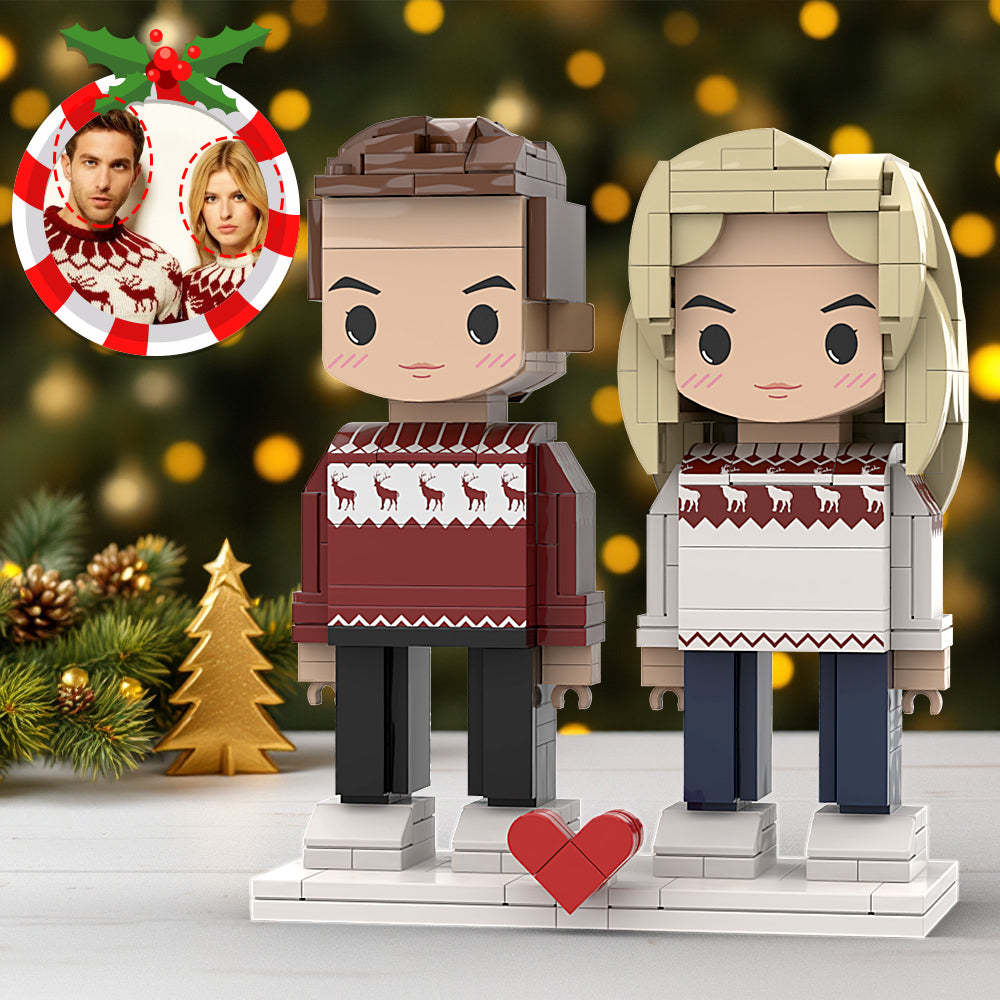 Benutzerdefinierte Kopf Niedliche Ziegelsteinfiguren Ineinandergreifendes Plastikspielzeug Weihnachten Passender Pullover Weihnachtsgeschenk Für Paare - dephotoblanket