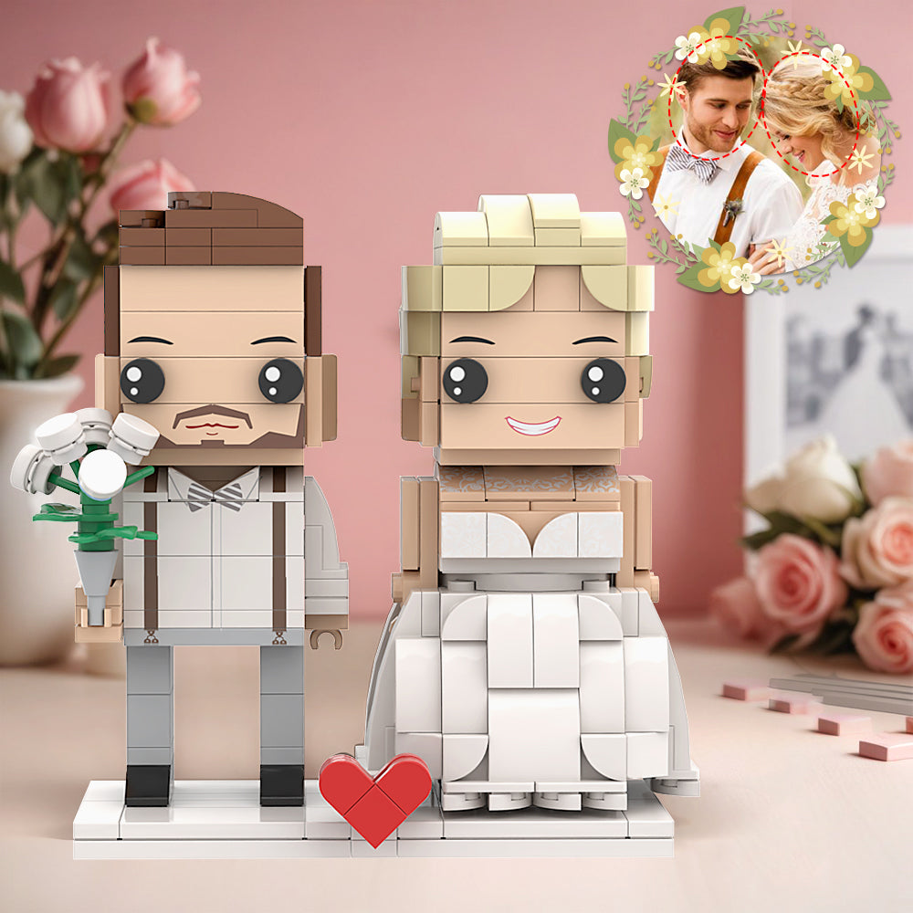 Klassisches Hochzeitspaar-outfit Mit Ziegelfiguren Mit Blumenstrauß, Personalisierte Ziegelfiguren Mit Kopf, Kleiner Partikelblock Für Mann Und Frau
