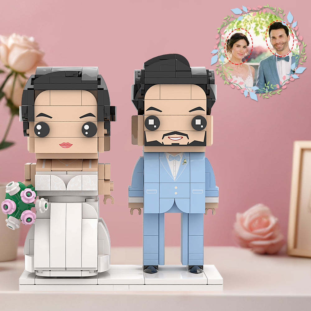 Hellblauer Anzug Mit Corsage Und Schneeweißem Hochzeitskleid, Paar Aus Ziegelsteinfiguren, Personalisierter Kopf Aus Ziegelsteinfiguren, Kleiner Partikelblock Als Souvenir Zum Hochzeitstag - dephotoblanket