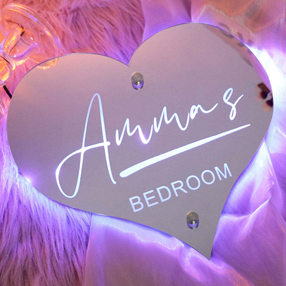 Personalisiertes Herzförmiges Spiegelschild Mit Namen, Individuell Beleuchtetes, Beleuchtetes Schlafzimmerschild Für Paare - dephotoblanket