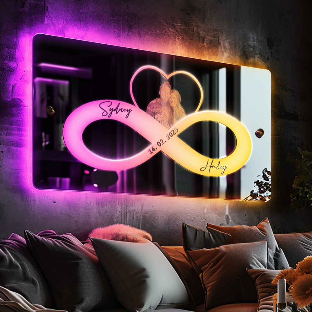 Personalisierter Spiegel Led Personalisierte Foto und Datum Name Spiegel Licht Unendlichkeit Herz Paar Wanddekorationen für Liebhaber