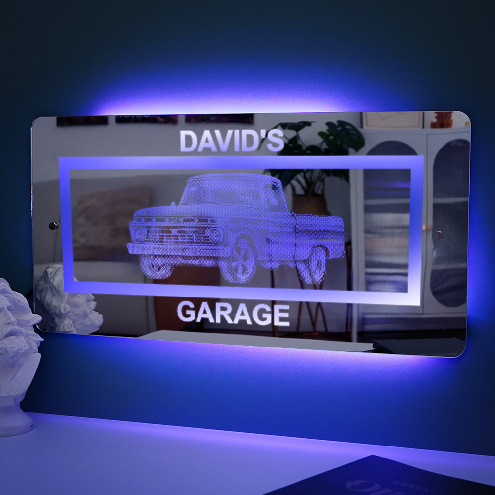 Personalisiertes Autofoto, Spiegellicht, Garagenschild, Dekor, Benutzerdefinierter Name, Autobild, Garagenwandkunst, Vatertagsgeschenk Für Papa, Opa, Ehemann, Autoliebhaber - dephotoblanket