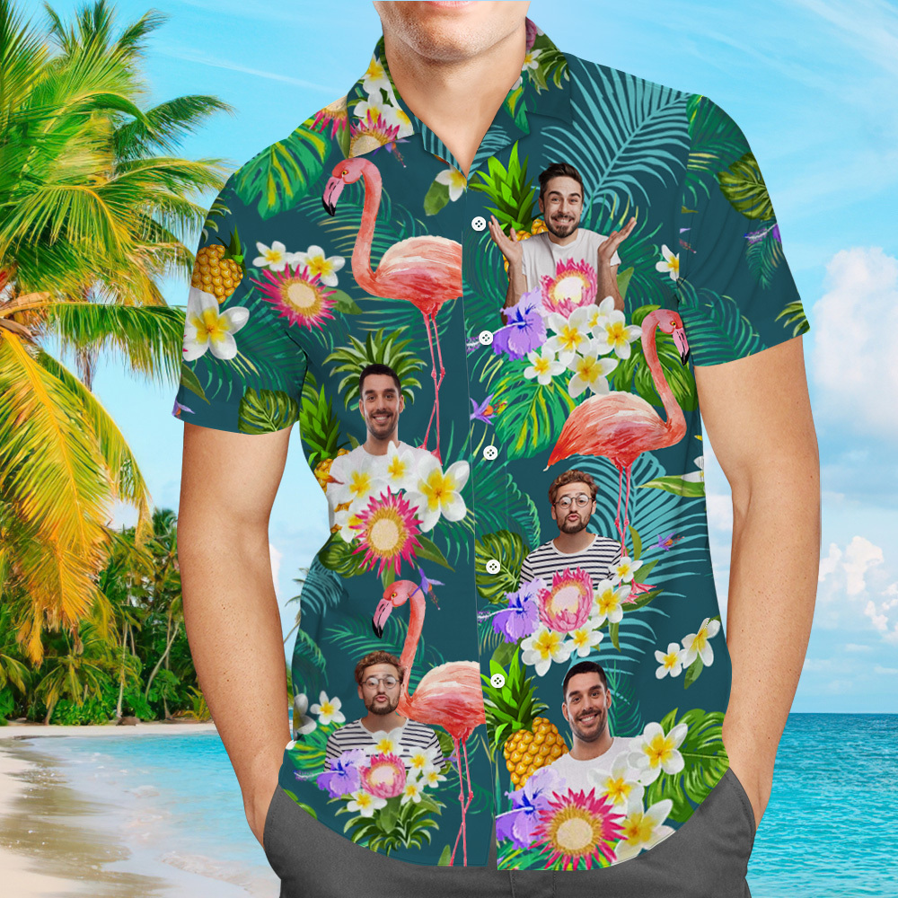 Kundenspezifisches Foto-lustiges Menschliches Aloha-hawaii-hemd-sonnenblumen-flamingo-hemd - dephotoblanket