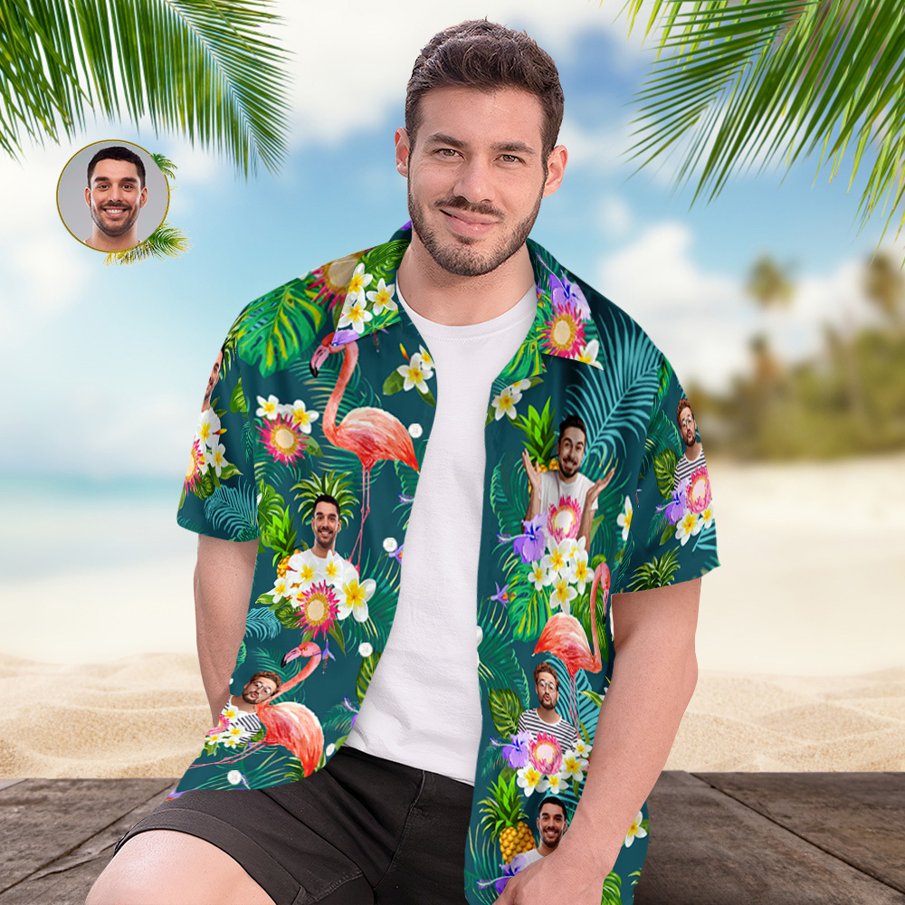Kundenspezifisches Foto-lustiges Menschliches Aloha-hawaii-hemd-sonnenblumen-flamingo-hemd - dephotoblanket