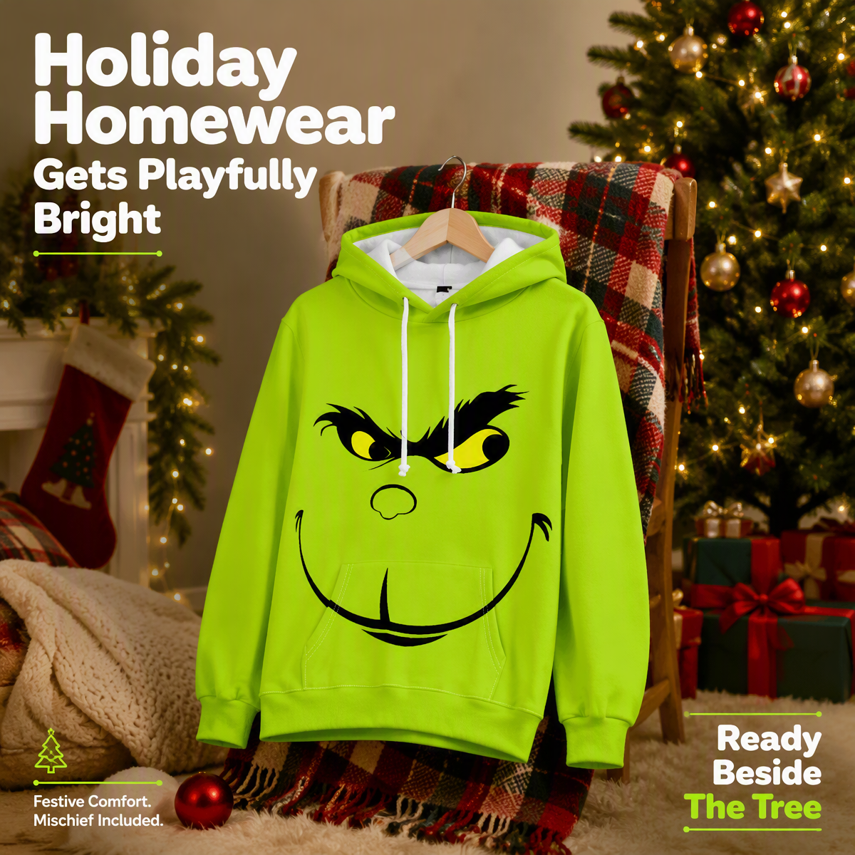Lustiger Kapuzenpullover Mit Grünem Monstergesicht – Weihnachtspullover Mit Grafischem Smirk & Grumpy Face-Aufdruck, Festliche Feiertags-Cosplay-Bekleidung - dephotoblanket