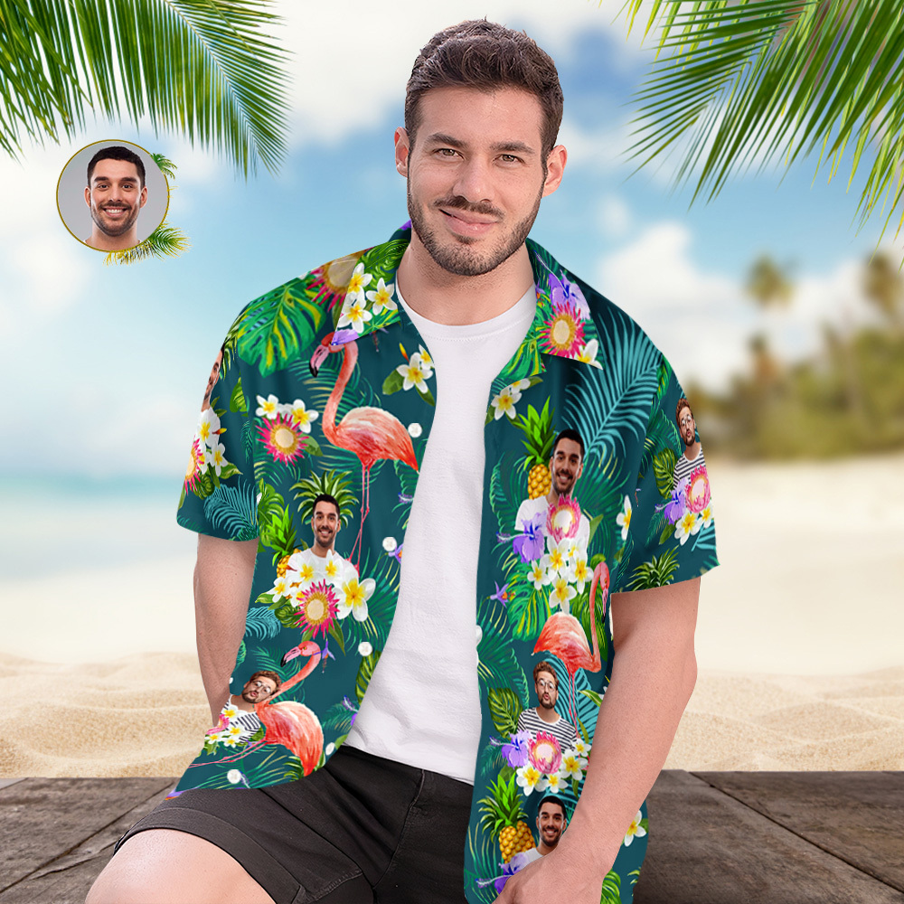 Kundenspezifisches Foto-lustiges Menschliches Aloha-hawaii-hemd-sonnenblumen-flamingo-hemd - dephotoblanket