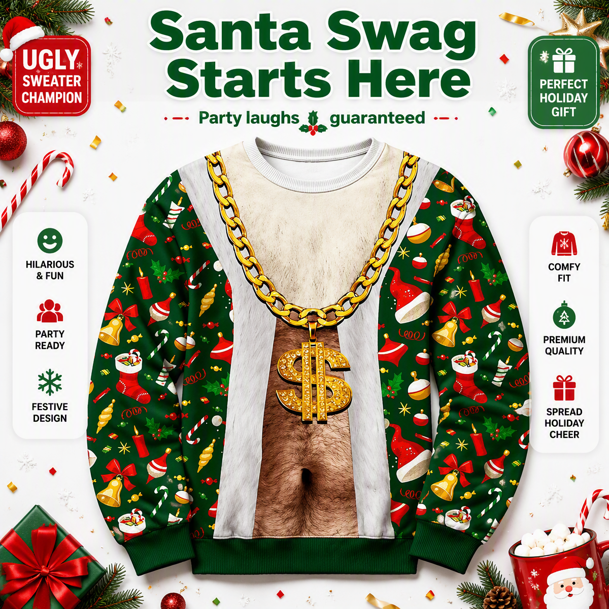 Lustiger Weihnachtspullover Mit Roter Fliege – Sexy Weihnachtsmann-Pullover Für Männer, Originelles Weihnachts-Party-Outfit - dephotoblanket