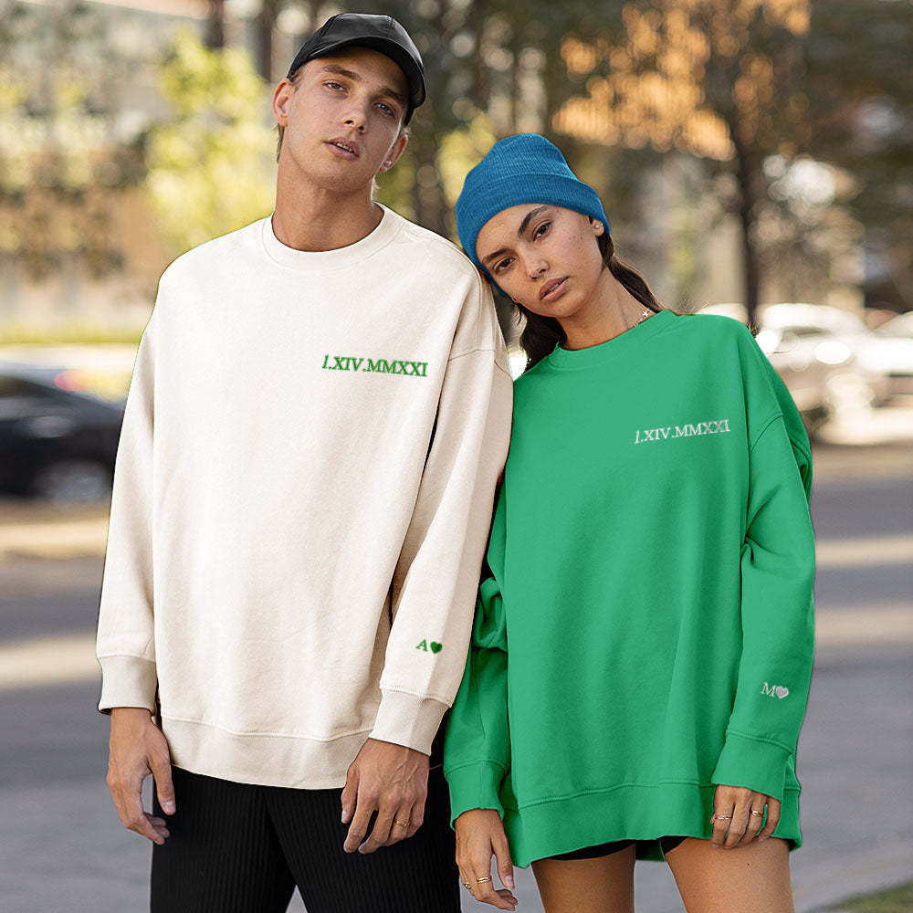 Individuell Gravierter Kapuzenpullover Mit Stickerei, Rundhalsausschnitt, Römische Ziffer, Datum, Paargeschenke - dephotoblanket