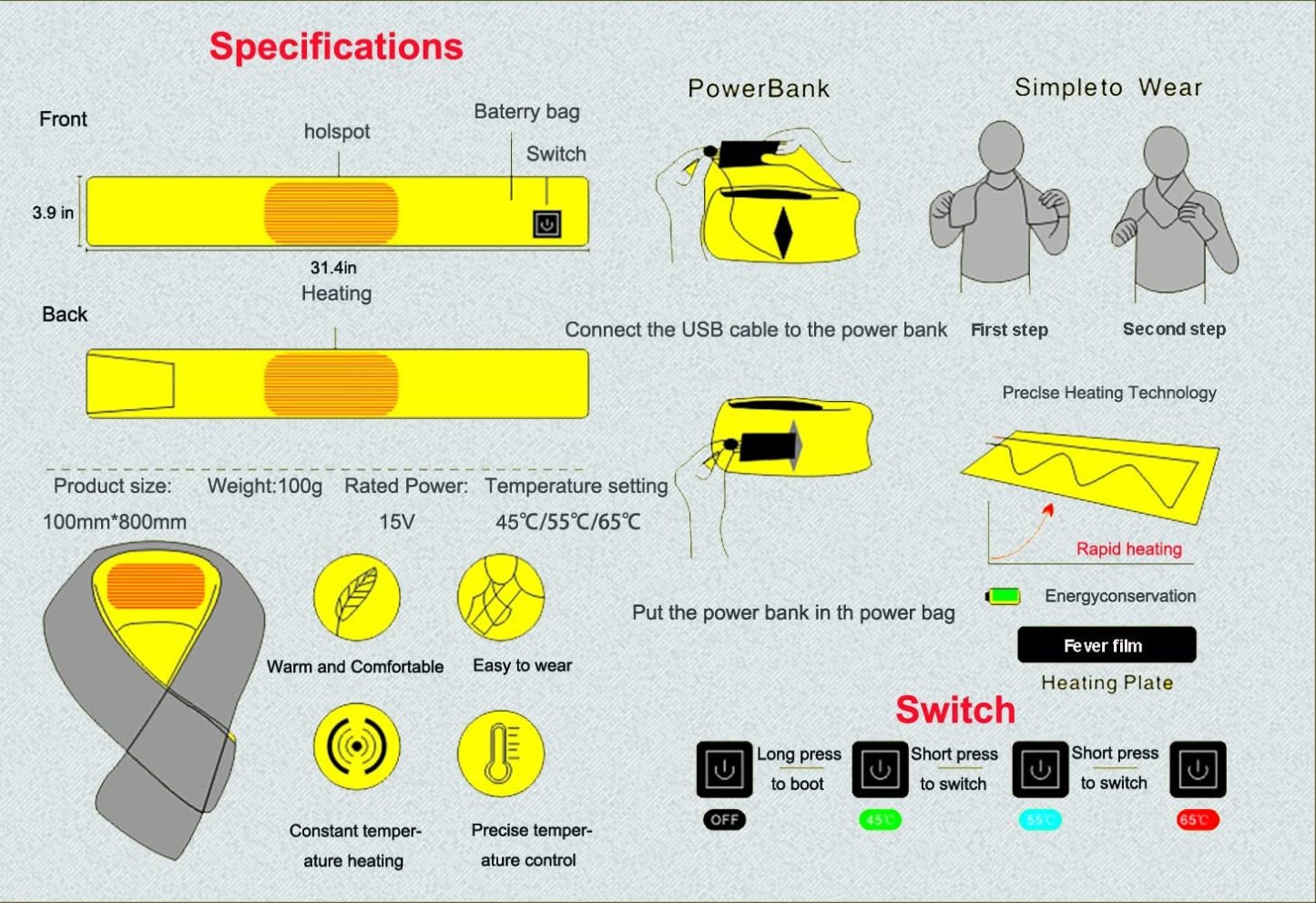Beheizter Schal Usb Wiederaufladbarer Beheizter Schal Warme Schals Für Frauen Oder Männer Schmerzlinderung Oder Steifheitslinderung - 