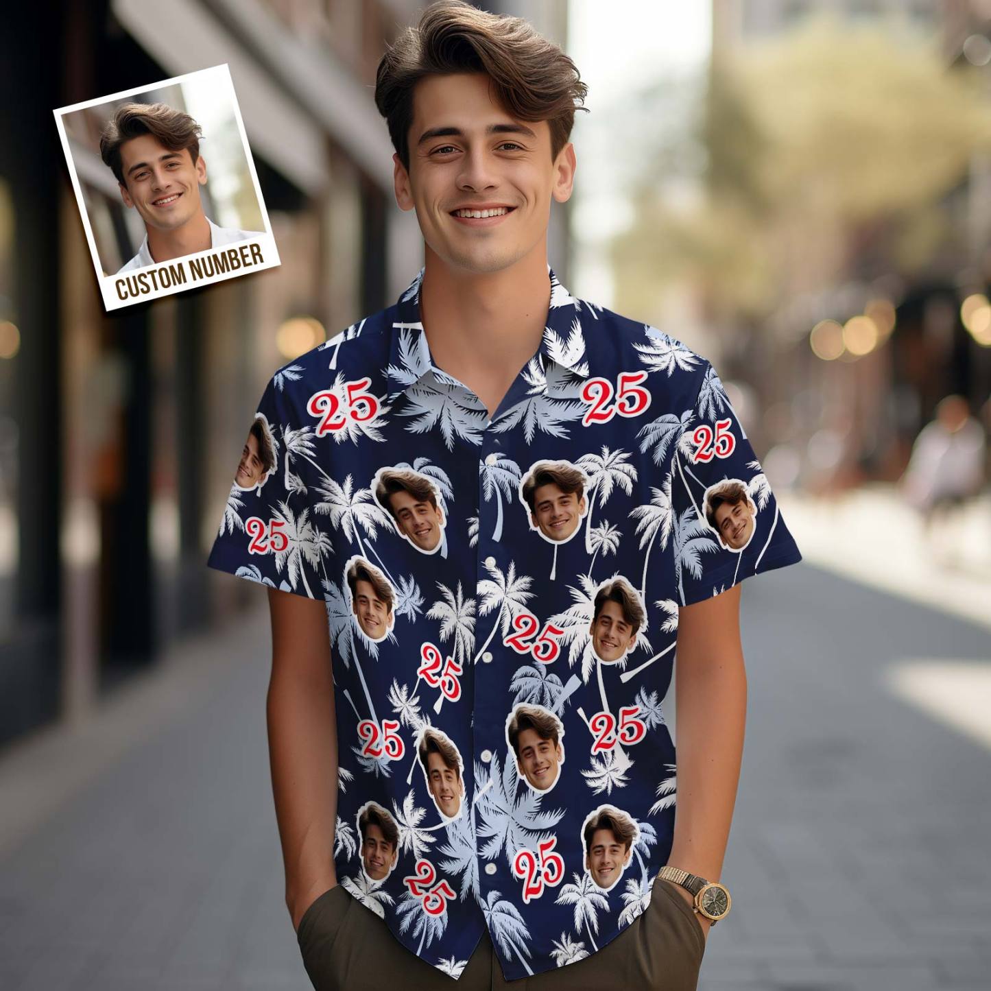 Hawaii-Hemden mit individuellem Gesicht und Zahlen zum Geburtstag, Kokosnussbaum-Shirt - dephotoblanket
