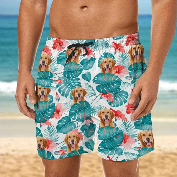 Herren-strandshorts Mit Individuellem Gesicht Und Foto-shorts Mit Allover-print – Grüne Blätter Und Blumen - dephotoblanket