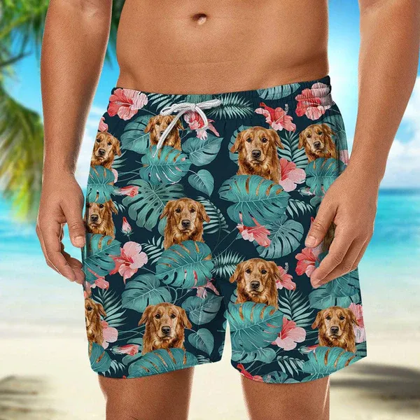 Herren-strandshorts Mit Individuellem Gesicht Und Foto-shorts Mit Allover-print – Grüne Blätter Und Blumen - dephotoblanket