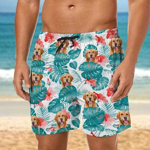 Herren-strandshorts Mit Individuellem Gesicht Und Foto-shorts Mit Allover-print – Grüne Blätter Und Blumen - dephotoblanket