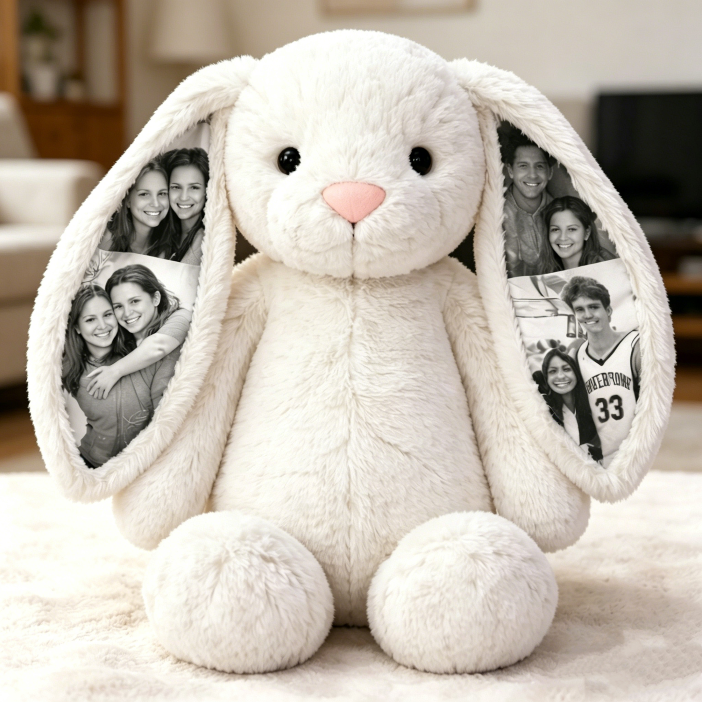 Personalisierter Plüschhase mit Foto – Individuelles Geschenk für Paare, Jahrestage & Muttertag (Foto im Ohr versteckt)