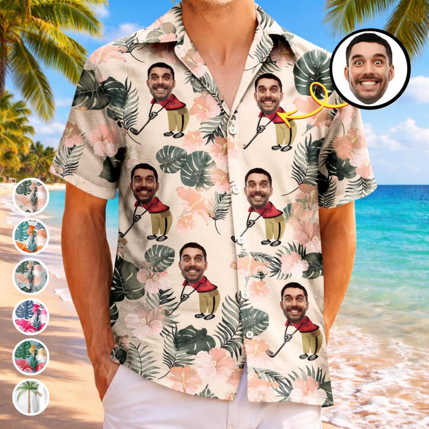 Personalized Funny Face Golf Hawaiian Shirt, Custom Hawaiian with Your Photo, Gift for Golf Lovers, Gift for Dad, Grandpa-Beach Party Shirt