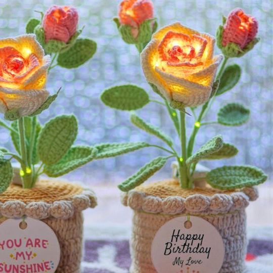 Gehäkelte Rosen-nachtlampe, Topfpflanze, Handgefertigte Garnblume, Geschenk Für Die Heimdekoration - dephotoblanket