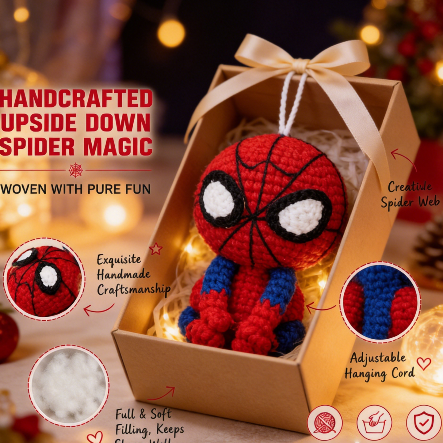 Handmade Crochet Web-Slinging Hero Car Mirror Charm – Adjustable Hanging Red & Blue Hero Plush with Spidey Web Accessory, Car Interior Decoration Bag Charm