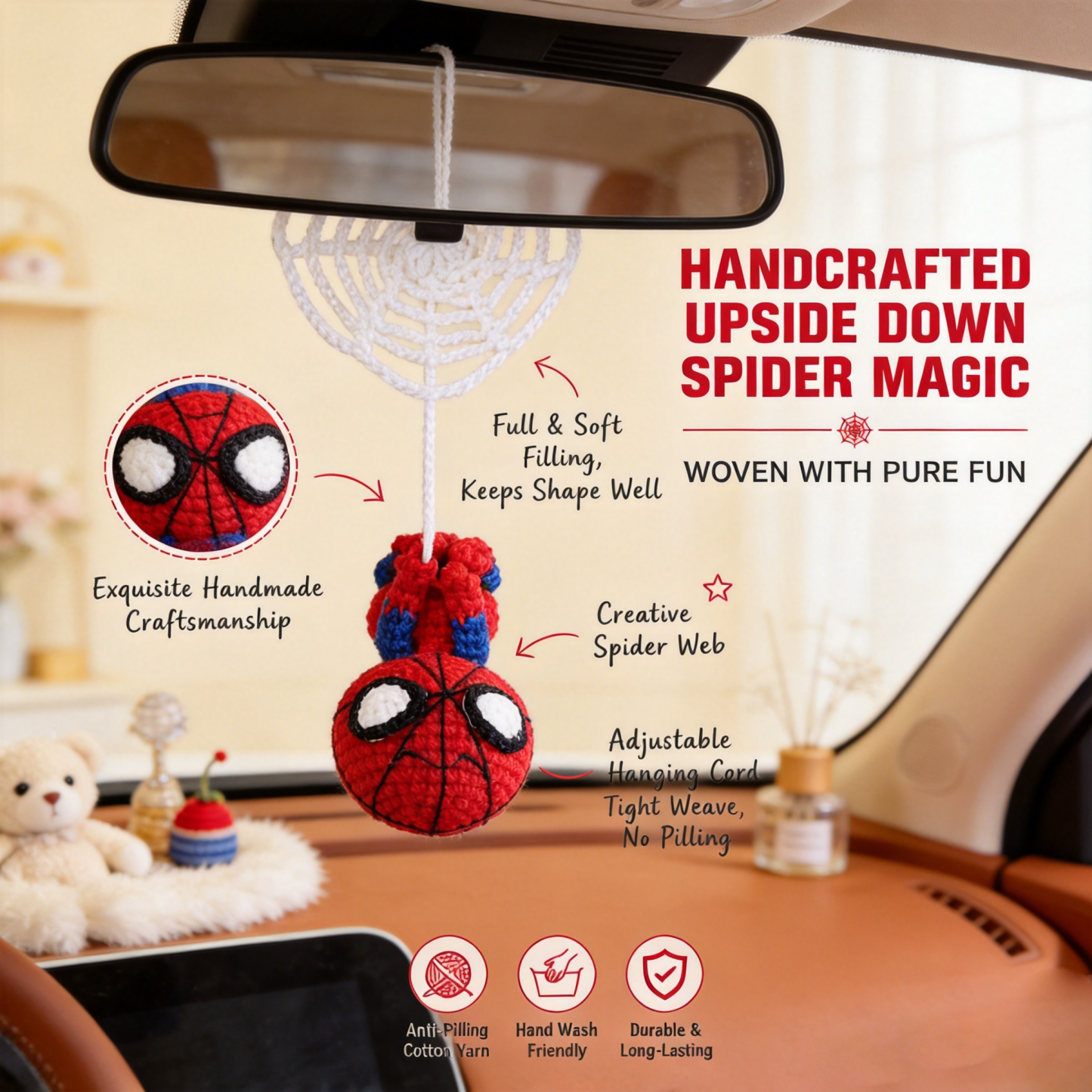 Handmade Crochet Web-Slinging Hero Car Mirror Charm – Adjustable Hanging Red & Blue Hero Plush with Spidey Web Accessory, Car Interior Decoration Bag Charm