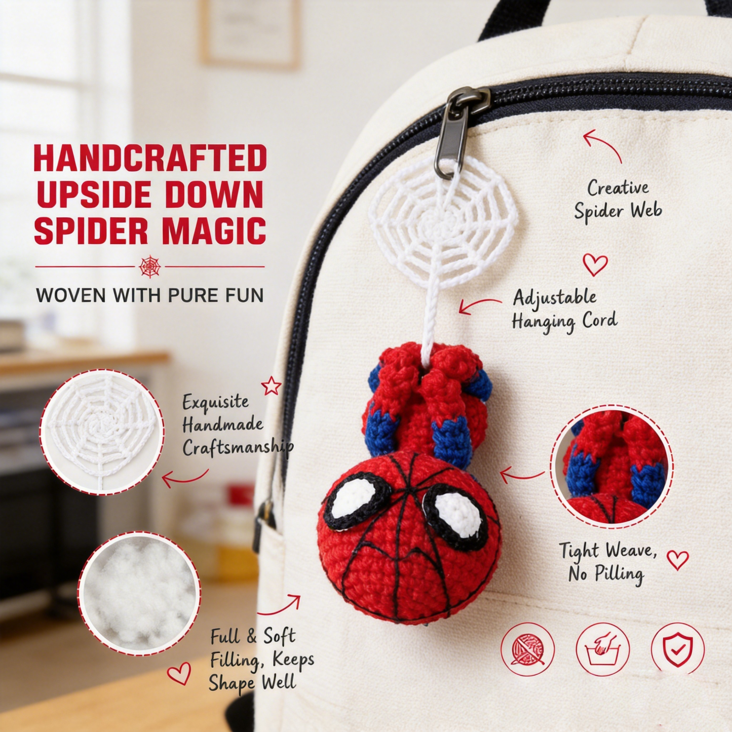 Handmade Crochet Web-Slinging Hero Car Mirror Charm – Adjustable Hanging Red & Blue Hero Plush with Spidey Web Accessory, Car Interior Decoration Bag Charm
