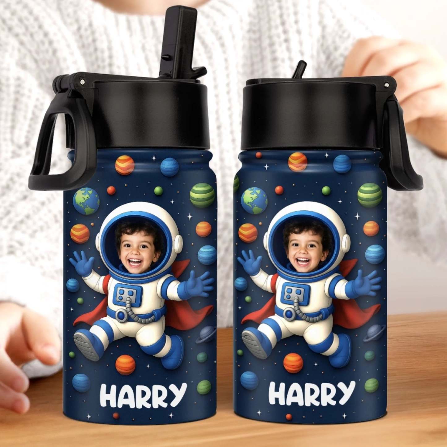 Benutzerdefiniertes Foto 3d-aufgeblasene Effekt Bedruckte Kinderwasserflasche - Personalisierte Geschenke Zum Schulanfang Für Kinder - Träume Starten Jenseits Der Sterne - dephotoblanket