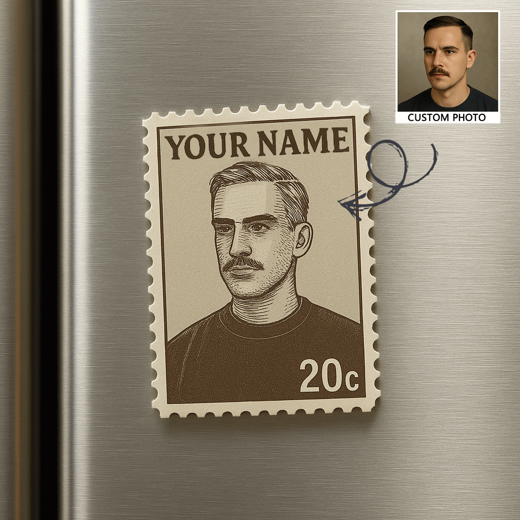 Kühlschrankmagnet Mit Individuellem Portrait Und Vintage-stempel, Personalisierter Fotoname, Briefmarke, Kühlschrankmagnet, Jubiläumsgeschenke - dephotoblanket