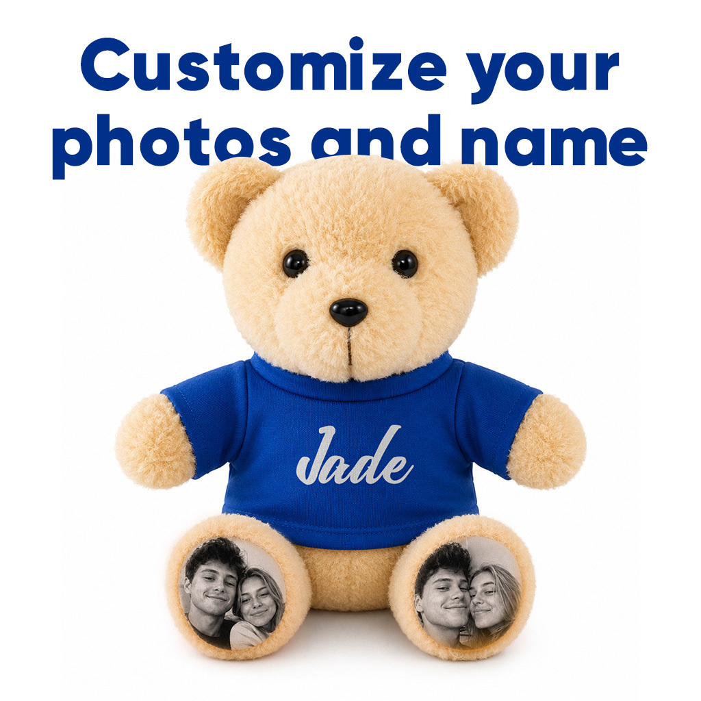 Personalisierter Teddybär Mit Individuellen Fotofüßen Und Namensshirt – Süßes Individuelles Plüschgeschenk Für Paare, Kinder Und Geliebte Menschen - dephotoblanket