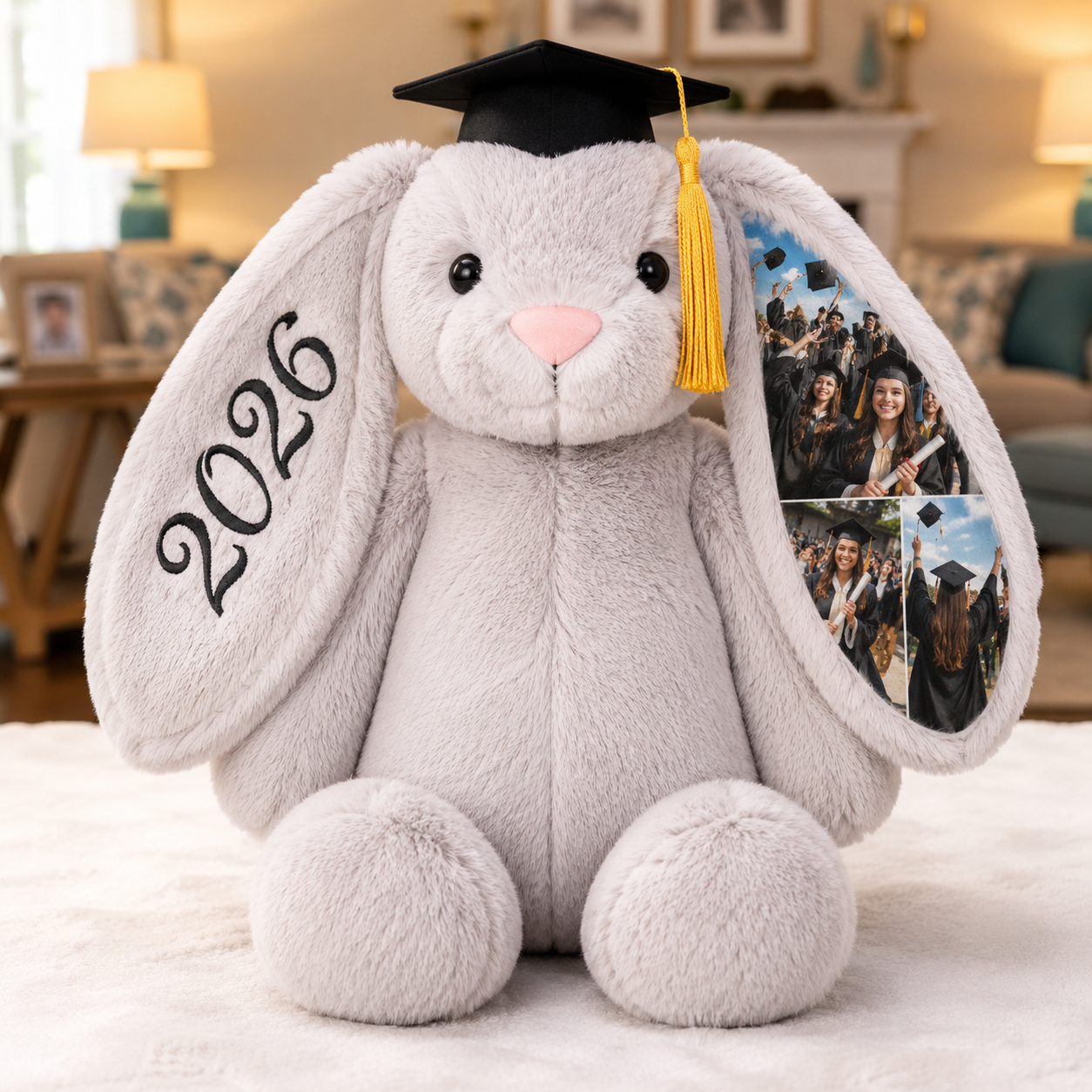 Benutzerdefinierter Fotohase Aus Plüsch, Personalisierter Memory-Hase Mit Verstecktem Ohr Und Abschlusskappe, Geschenk Zum Jahrgang 2026 - dephotoblanket