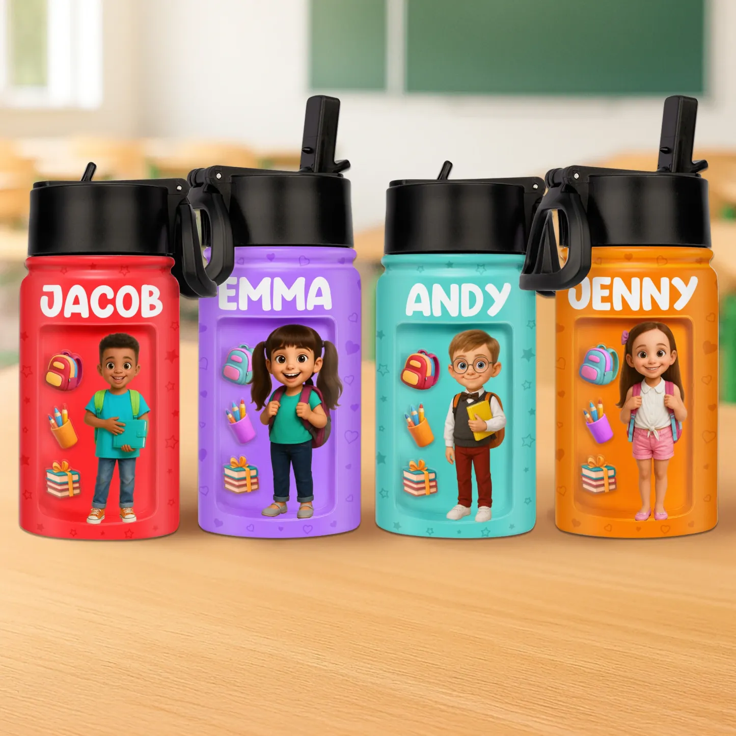 Benutzerdefiniertes Foto 3d-aufgeblasener Effekt Bedruckte Kinderwasserflasche - Personalisierte Geschenke Zum Schulanfang Für Kinder - dephotoblanket