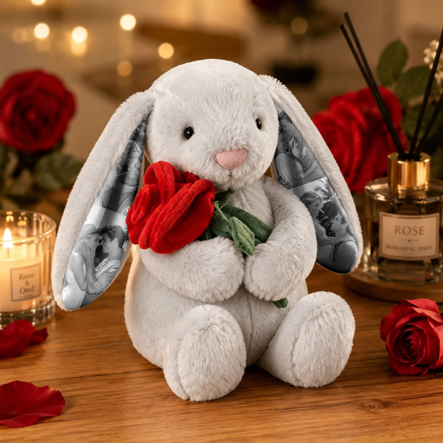 Benutzerdefiniertes Foto, Rosa Rosenhase, Plüsch, Personalisierbar, Verstecktes Ohrbild, Hasengeschenk Für Paare, Jahrestagsgeschenke - dephotoblanket