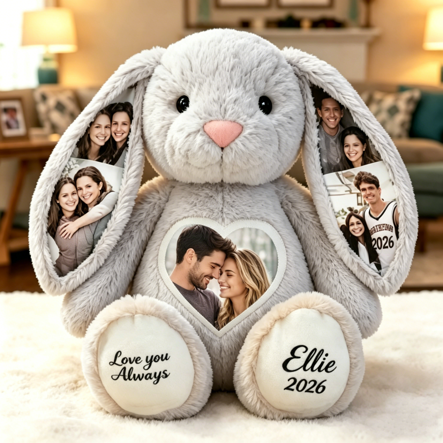 Benutzerdefiniertes Herz-Foto-Plüsch-Häschen – Personalisiertes, Verstecktes Ohrbild-Häschen-individueller Text-Jubiläumsgeschenk Für Paare - dephotoblanket