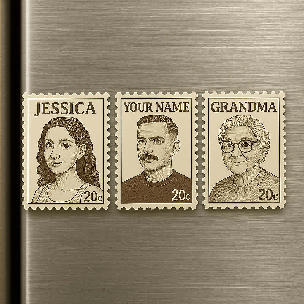 Kühlschrankmagnet Mit Individuellem Portrait Und Vintage-stempel, Personalisierter Fotoname, Briefmarke, Kühlschrankmagnet, Jubiläumsgeschenke - dephotoblanket