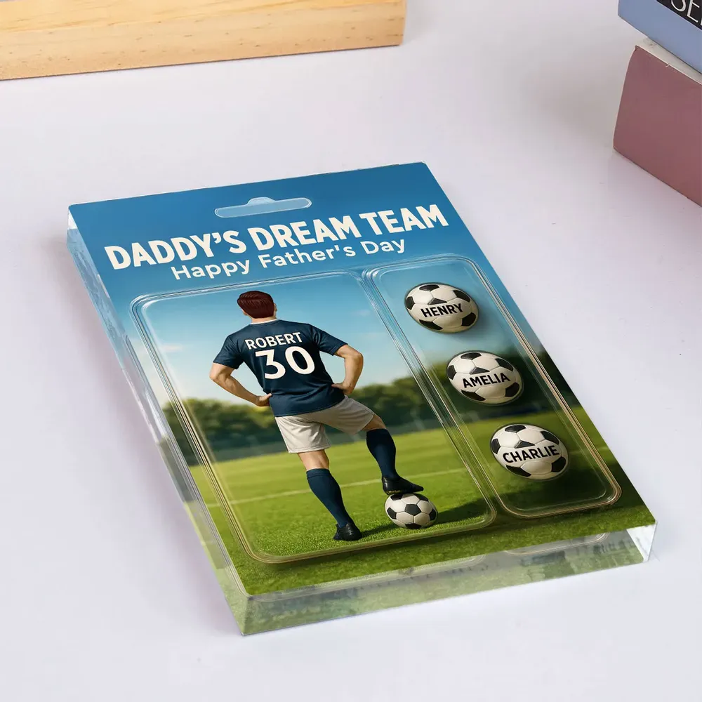 Daddy's Dream Team - Personalisierte Acryl-blocktafel Mit Fußballmotiv Und Den Namen Der Kinder, Das Perfekte Vatertagsgeschenk Für Papa Oder Fußballliebhaber - dephotoblanket